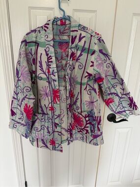 Floral Embroidered Open-Front Jacket in Mint, Lilac & Raspberry